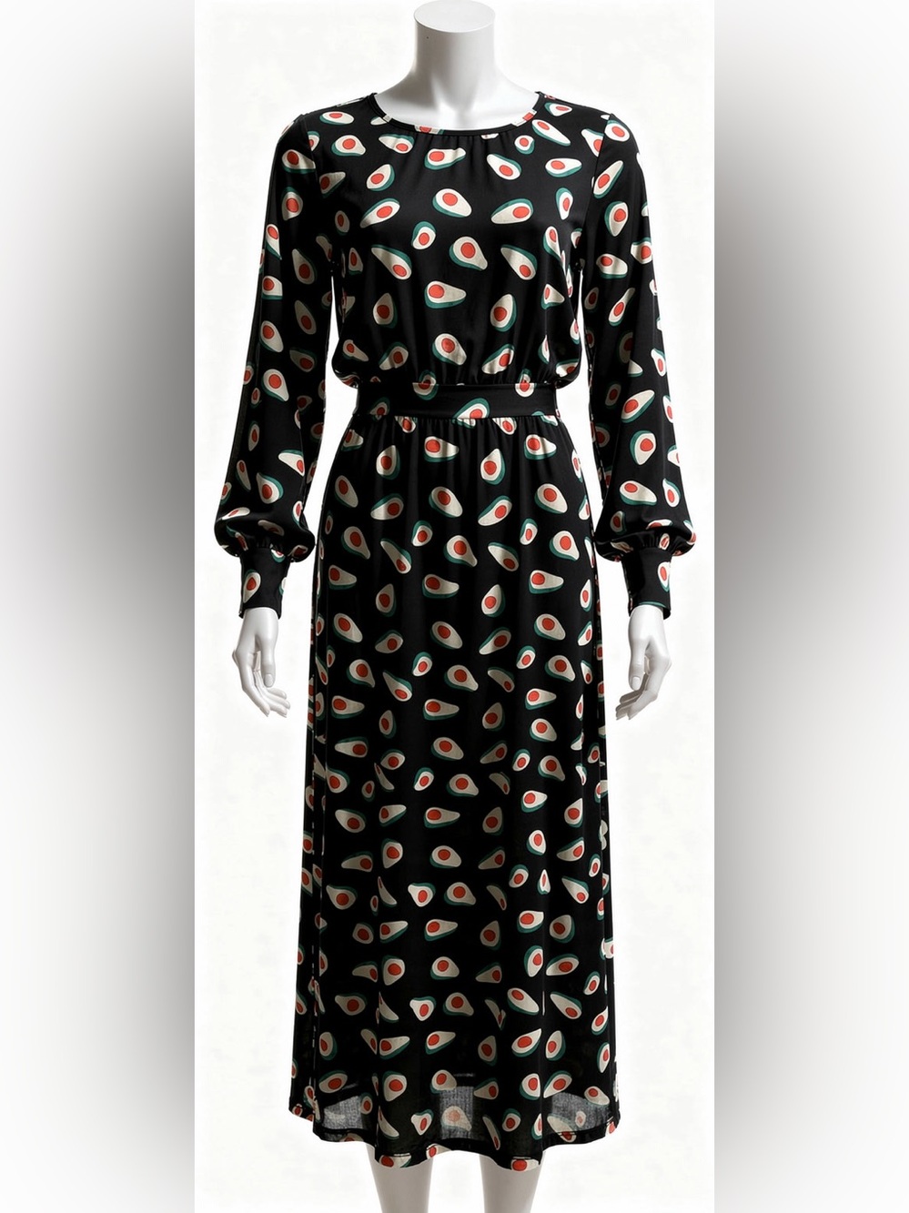 Black Avocado Print Midi Dress - Playful Casual Fit Size Medium